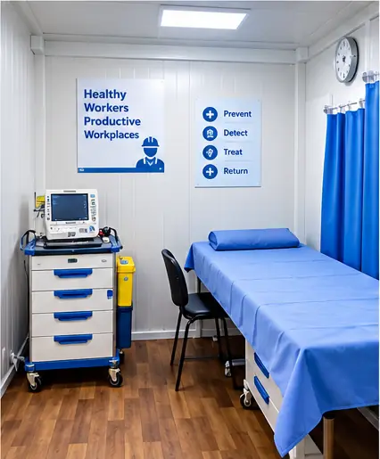 Clinic treatment room with examination couch and trolley